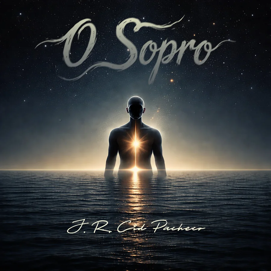 Capa provisória de O Sopro: uma figura humana com uma luz no peito, de pé no mar sob um céu estrelado