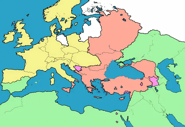 Rascunho do mapa do Grande Cisma, com regiões coloridas